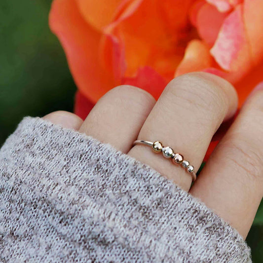 Mirain Abacus Delicate Minimalist Fidget Tri-Tone Mixed Metal Adjustable 925 Sterling Silver & 14K Gold Filled Ring