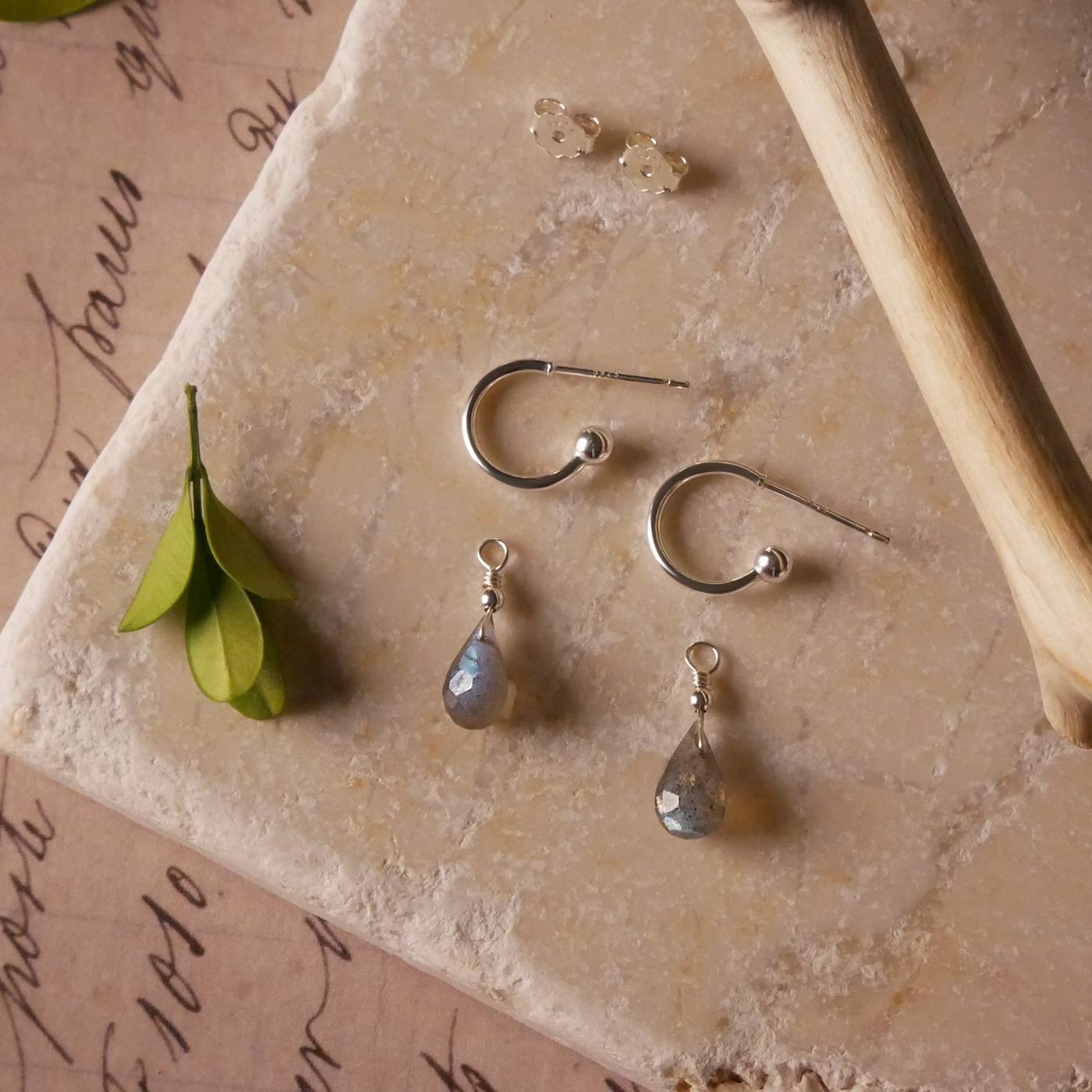 Cambree Interchangeable Labradorite Drop Hoop Earrings & Sterling Silver
