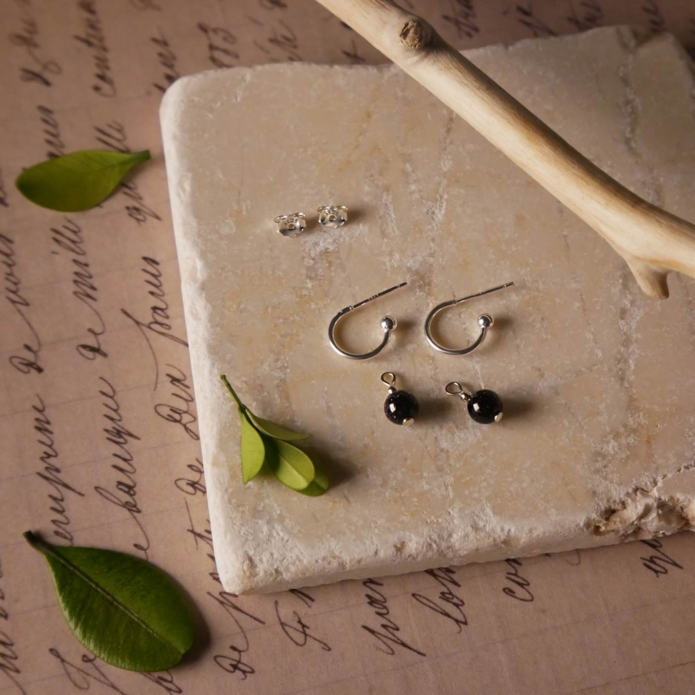 Cambree Interchangeable Midnight Blue Sandstone Sphere Hoop Earrings & Sterling Silver