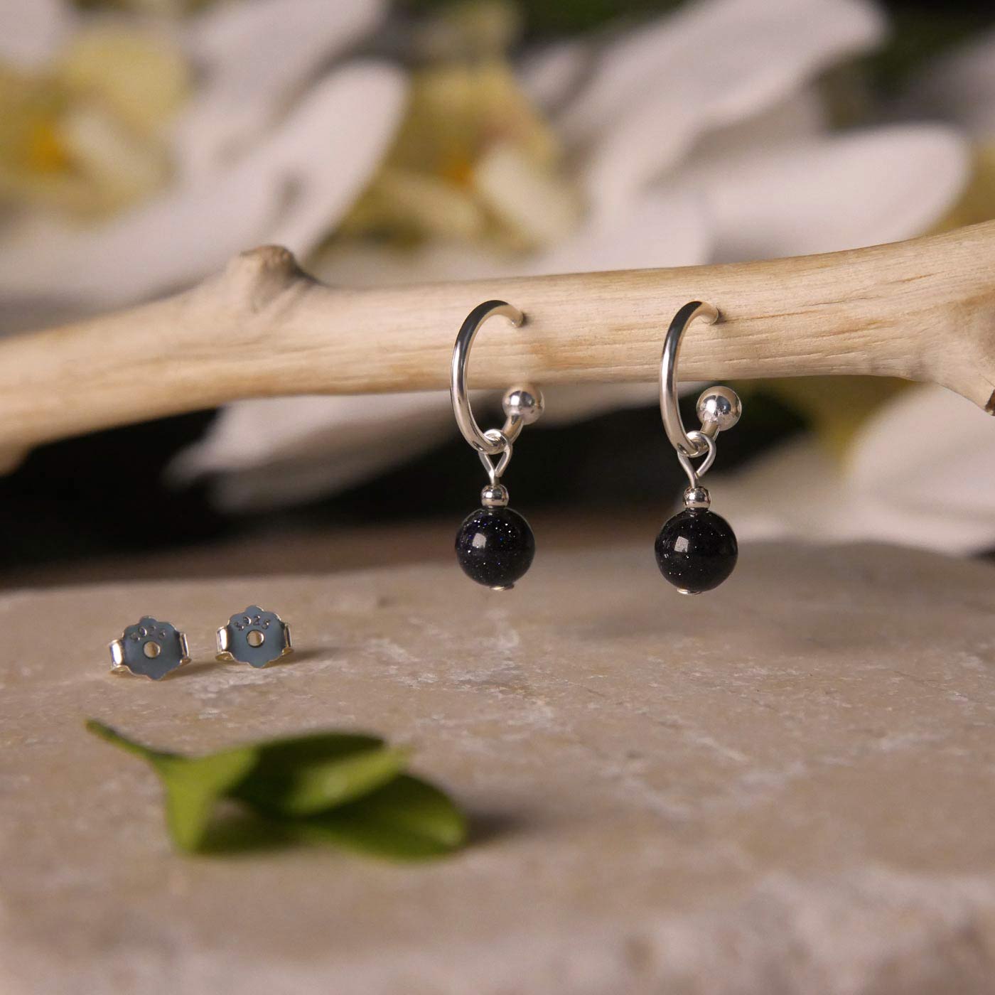 Cambree Interchangeable Midnight Blue Sandstone Sphere Hoop Earrings & Sterling Silver