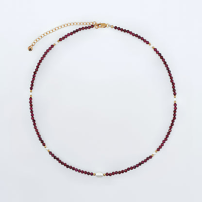 Dara Garnet Gemstone Dainty Beaded Choker Necklace with Pearl and 14K Gold Filled Accents