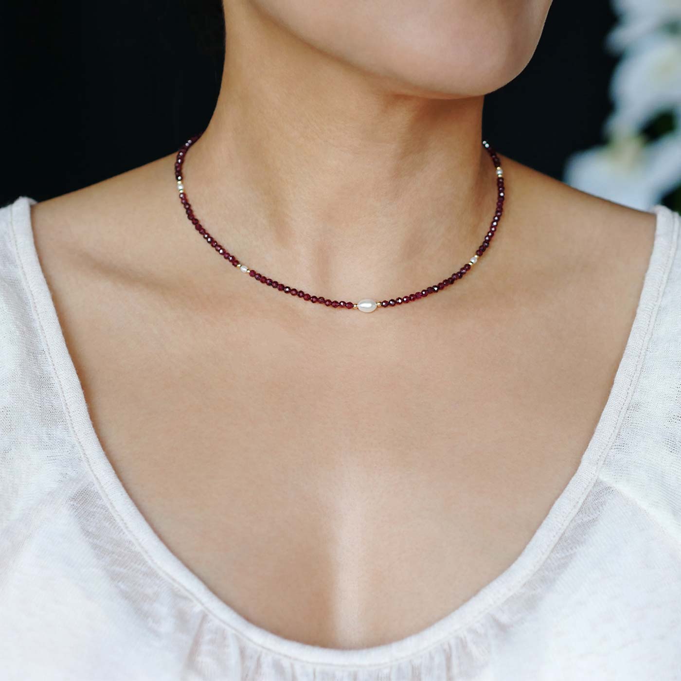 Dara Garnet Gemstone Dainty Beaded Choker Necklace with Pearl and 14K Gold Filled Accents