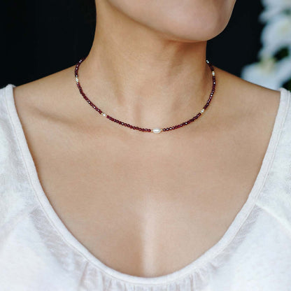 Dara Garnet Gemstone Dainty Beaded Choker Necklace with Pearl and 14K Gold Filled Accents