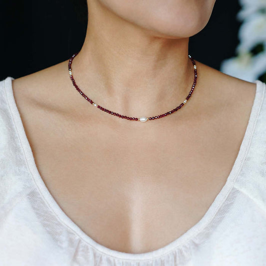 Dara Garnet Gemstone Dainty Beaded Choker Necklace with Pearl and 14K Gold Filled Accents