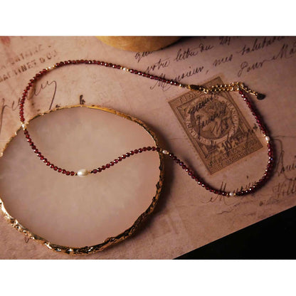 Dara Garnet Gemstone Dainty Beaded Choker Necklace with Pearl and 14K Gold Filled Accents