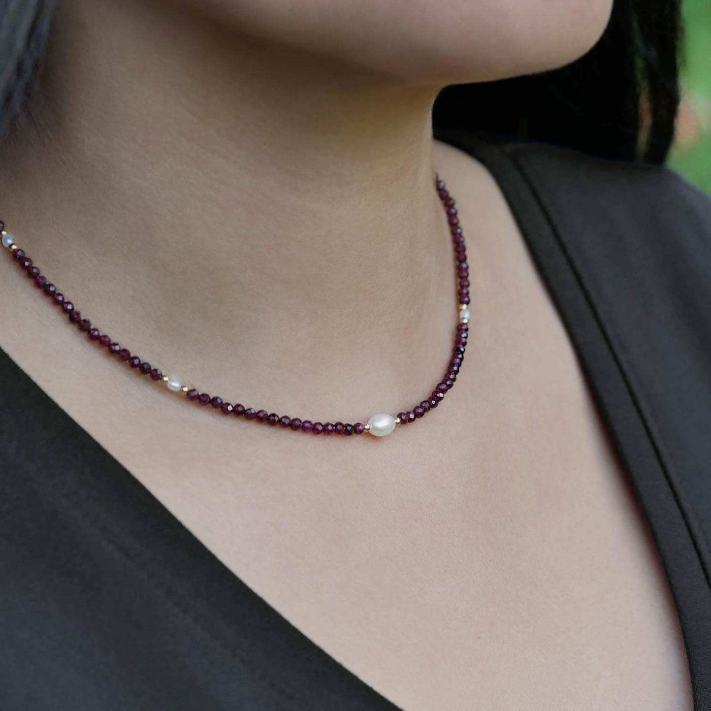 Dara Garnet Gemstone Dainty Beaded Choker Necklace with Pearl and 14K Gold Filled Accents