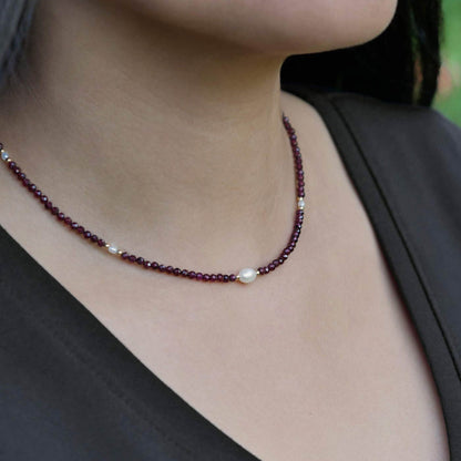 Dara Garnet Gemstone Dainty Beaded Choker Necklace with Pearl and 14K Gold Filled Accents