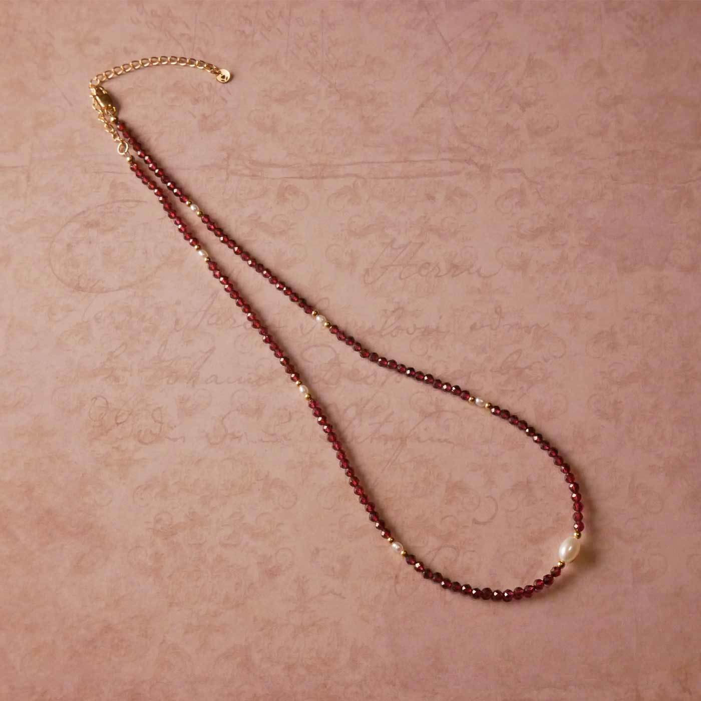 Dara Garnet Gemstone Dainty Beaded Choker Necklace with Pearl and 14K Gold Filled Accents