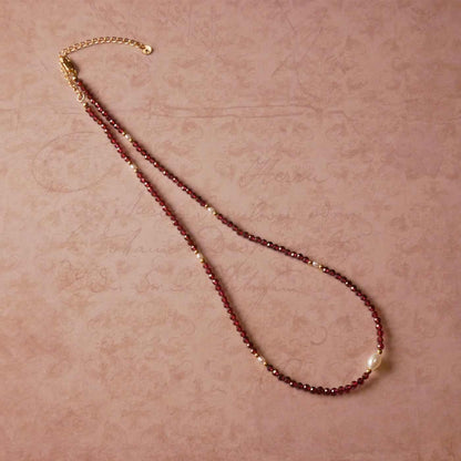 Dara Garnet Gemstone Dainty Beaded Choker Necklace with Pearl and 14K Gold Filled Accents