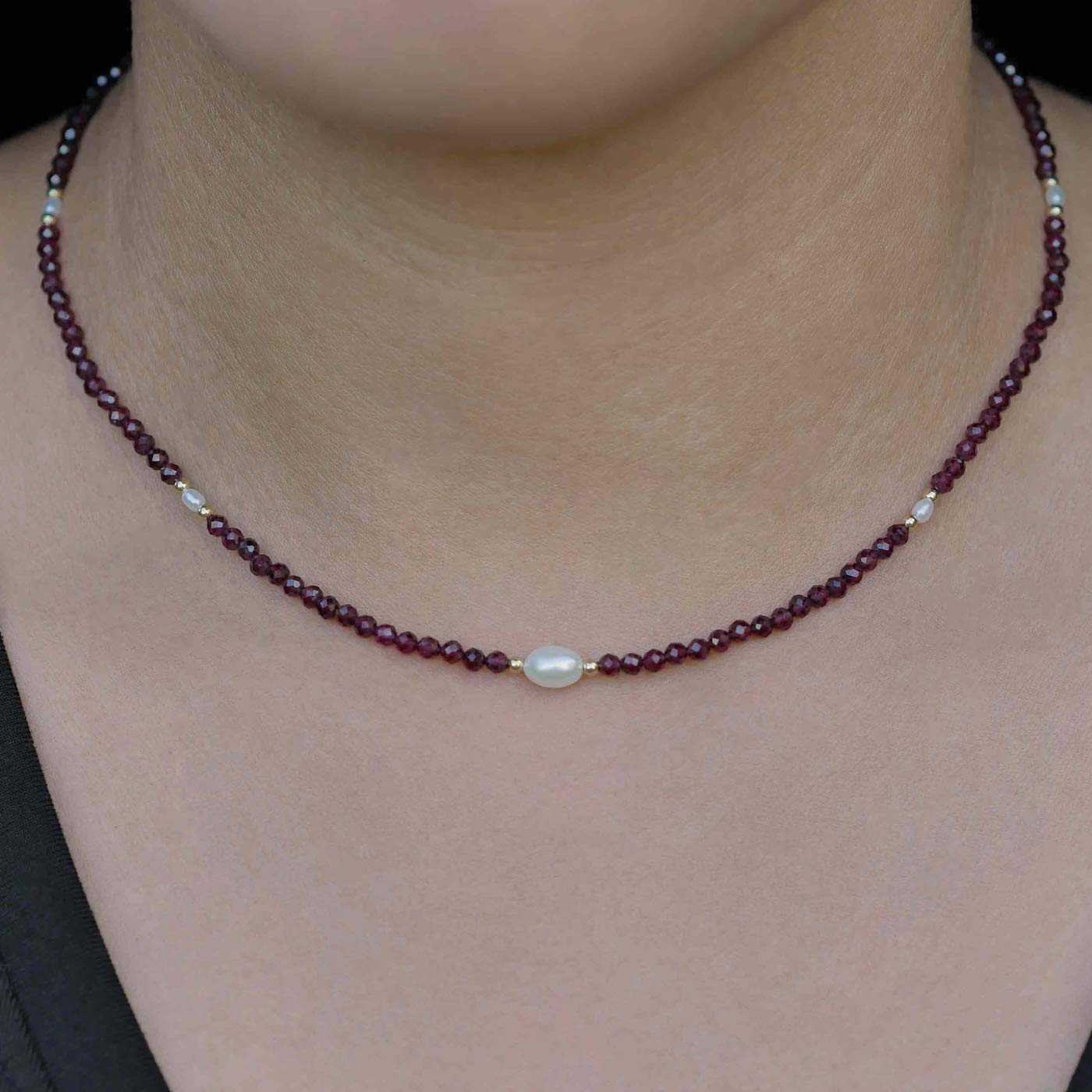 Dara Garnet Gemstone Dainty Beaded Choker Necklace with Pearl and 14K Gold Filled Accents