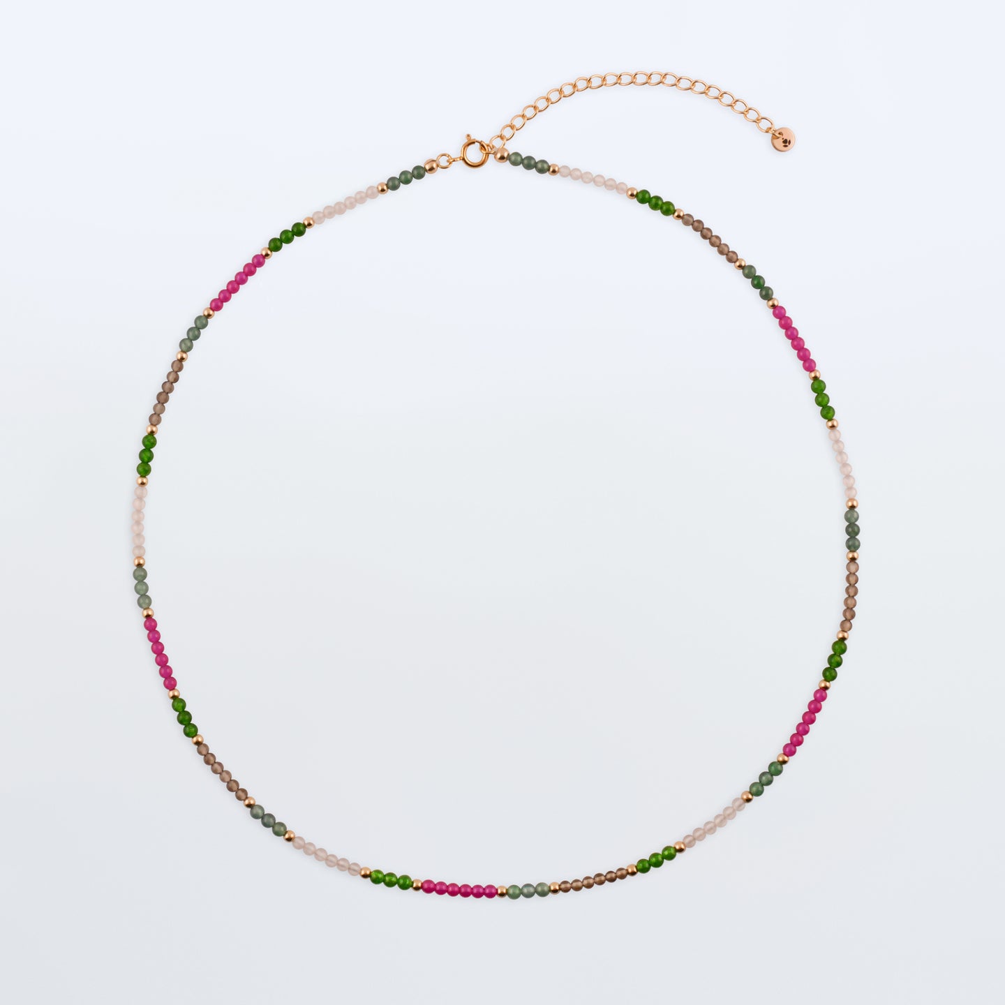 Hana dainty high quality garden multi-colored gemstone beaded adjustable necklace 14K gold filled, top view with plain background
