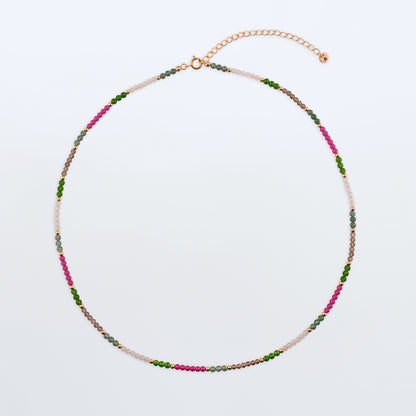 Hana dainty high quality garden multi-colored gemstone beaded adjustable necklace 14K gold filled, top view with plain background