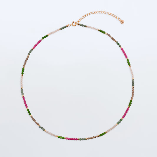 Hana dainty high quality garden multi-colored gemstone beaded adjustable necklace 14K gold filled, top view with plain background