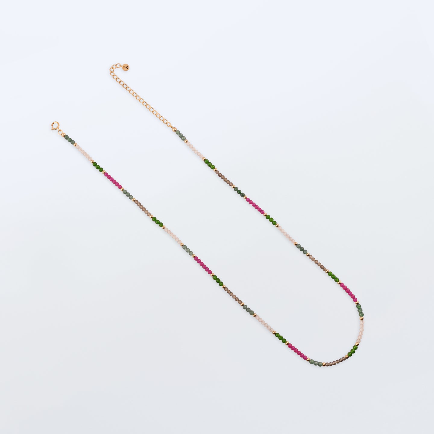 Hana dainty high quality garden multi-colored gemstone beaded adjustable necklace 14K gold filled, top view with plain background