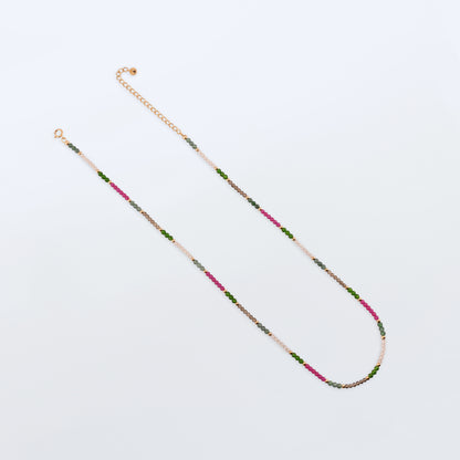 Hana dainty high quality garden multi-colored gemstone beaded adjustable necklace 14K gold filled, top view with plain background