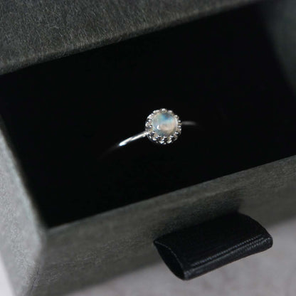 Top 3/4 view of a dainty adjustable sterling silver ring with a focal natural high quality AAA rainbow moonstone solitaire gemstone cabochon set in a crown bezel setting. The ring is tucked into the black velvet insert of a gray textured colored jewelry box with reverie blossom silver brand text on it.