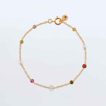 Lenora high quality natural multi-colored gemstone beaded chain bracelet 14K gold filled, top view with plain background.