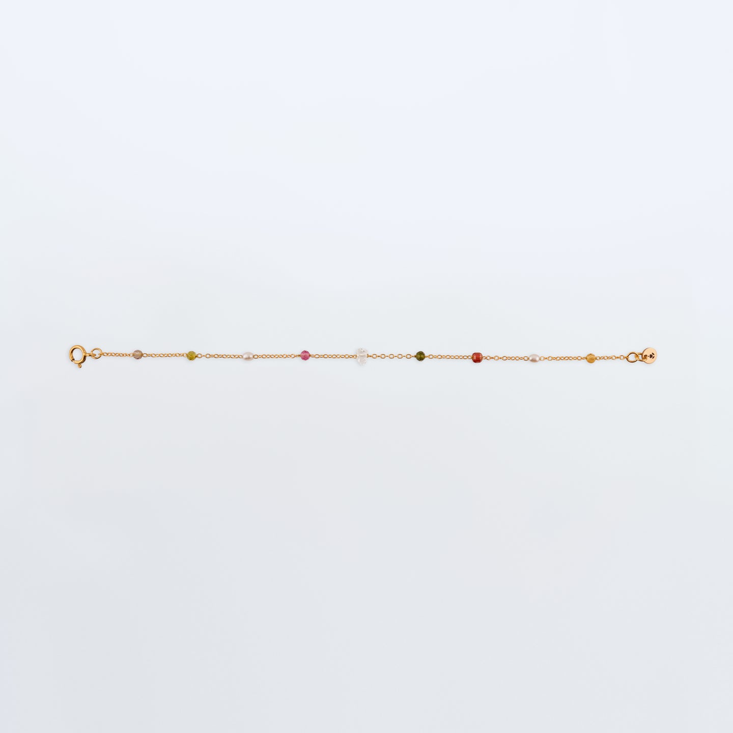 Lenora high quality natural multi-colored gemstone beaded chain bracelet 14K gold filled, top view with plain background.
