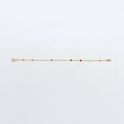 Lenora high quality natural multi-colored gemstone beaded chain bracelet 14K gold filled, top view with plain background.
