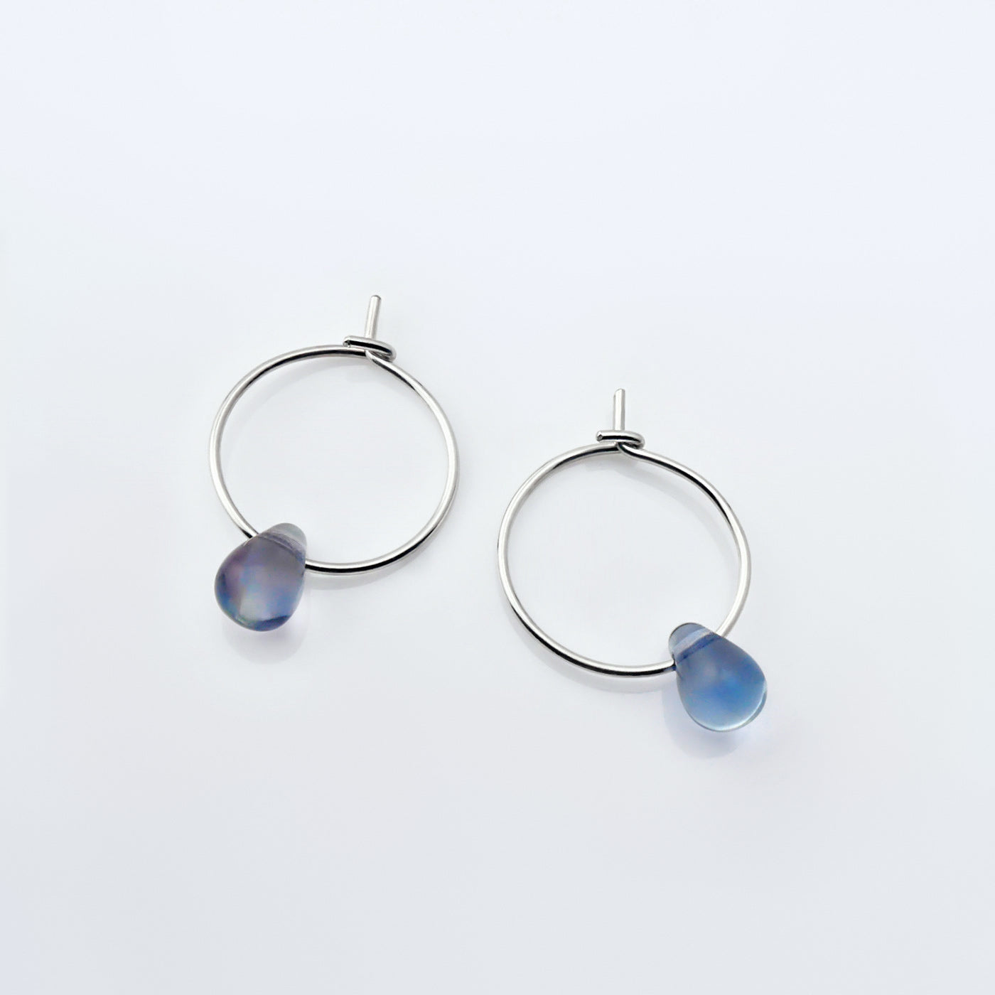 Mariko Delicate Czech Glass Crystal Drop Wire Hoop Sterling Silver Earrings in Light Hyacinth Blue