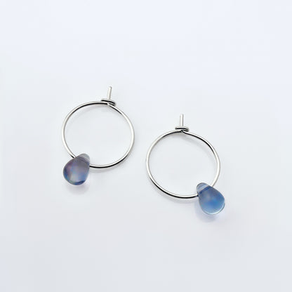 Mariko Delicate Czech Glass Crystal Drop Wire Hoop Sterling Silver Earrings in Light Hyacinth Blue