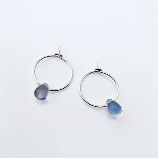 Mariko Delicate Czech Glass Crystal Drop Wire Hoop Sterling Silver Earrings in Light Hyacinth Blue