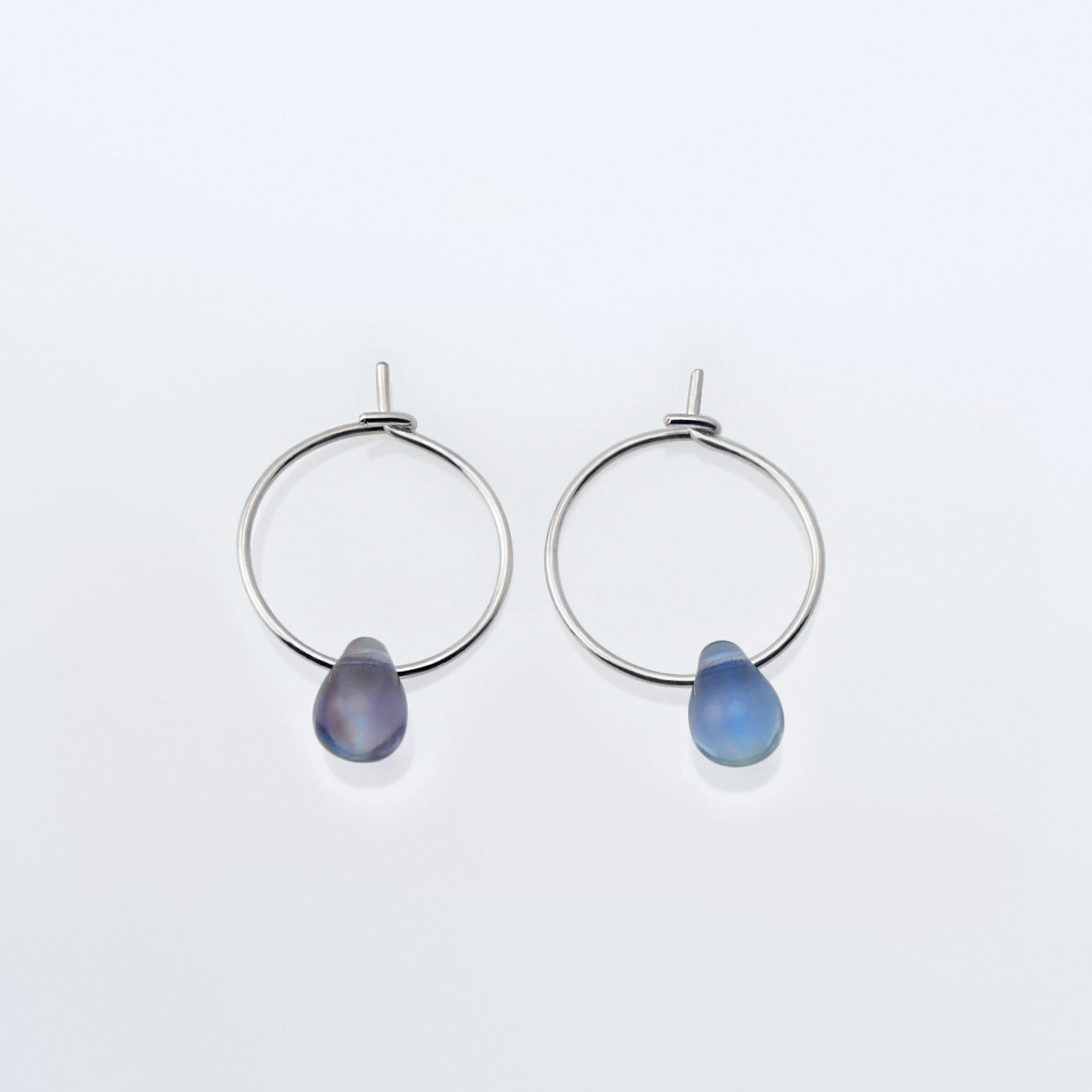 Mariko Delicate Czech Glass Crystal Drop Wire Hoop Sterling Silver Earrings in Light Hyacinth Blue