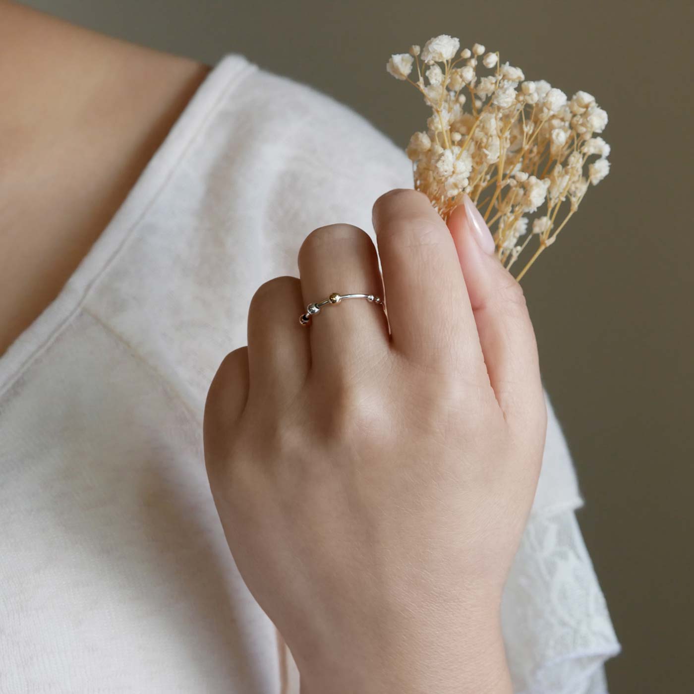 Mirain Abacus Delicate Minimalist Fidget Tri-Tone Mixed Metal Adjustable 925 Sterling Silver & 14K Gold Filled Ring